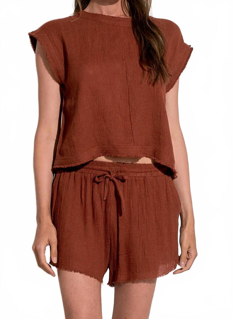 NEW ELAN drawstring shorts with raw edge in clay